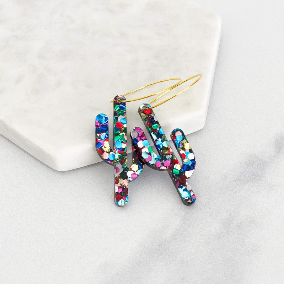 Elongated Acrylic Cactus Hoop Earrings