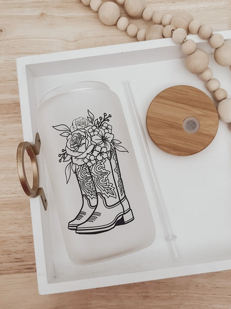 Boots with Flowers 16 oz Frosted Glass Cup with Bamboo Lid