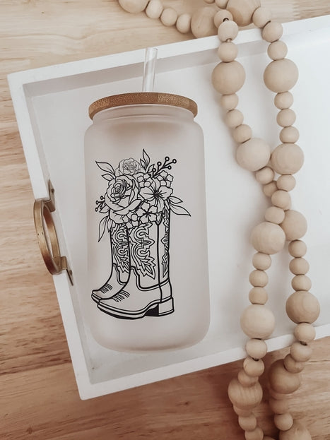 Boots with Flowers 16 oz Frosted Glass Cup with Bamboo Lid