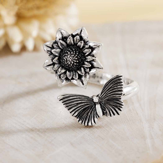 Adjustable Dahlia & Butterfly Ring - Sterling Silver