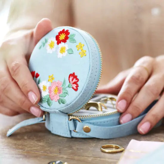 Flowers Embroidered Round Velvet Jewelry Case