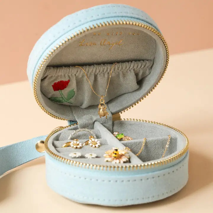 Flowers Embroidered Round Velvet Jewelry Case