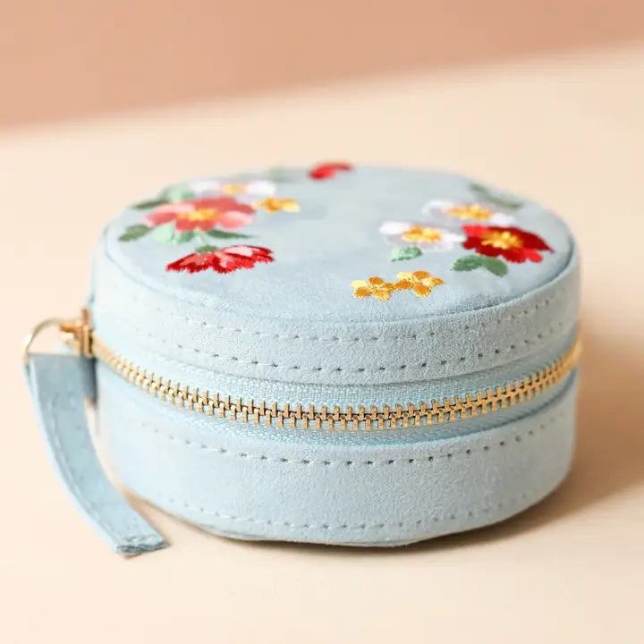 Flowers Embroidered Round Velvet Jewelry Case