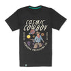 Black t-shirt with text that says Cosmic Cowboy and a cowboy holding a space gun with an outer space backdrop.