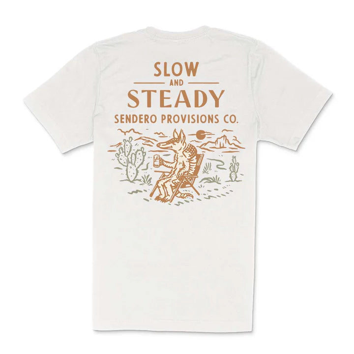 Vintage white t-shirt with the text slow and steady with an Armadillo sitting in a chair.