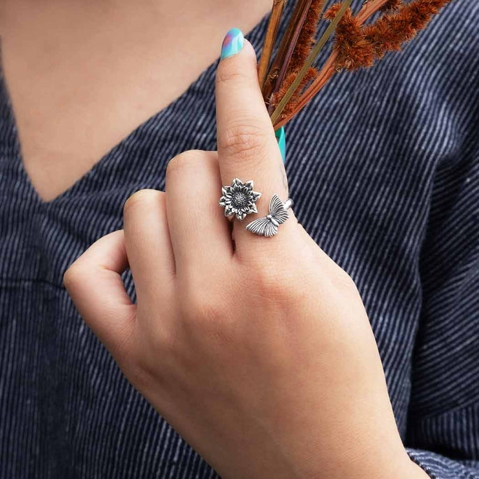 Adjustable Dahlia & Butterfly Ring - Sterling Silver