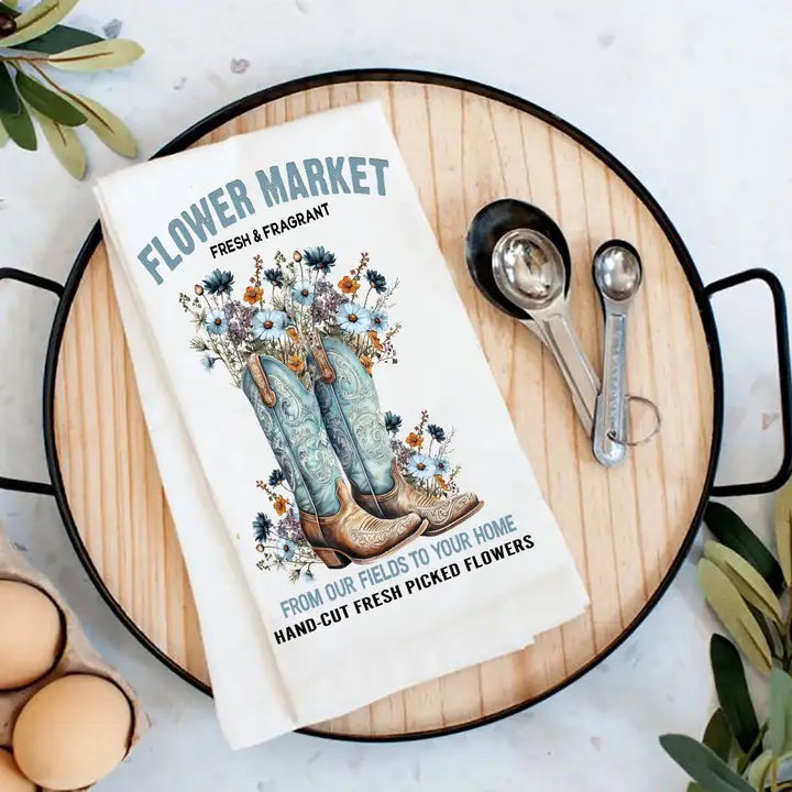 Cowgirl Boots Flower Market Tea Towel