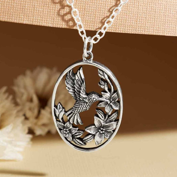 Sterling Silver Hummingbird With Flowers Necklace - 18 inches