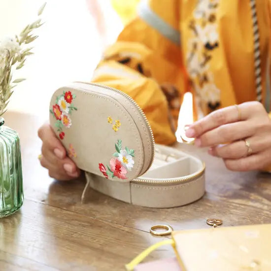 Floral Embroidered Velvet Oval Jewelry Case