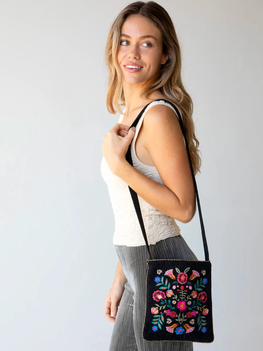 Embroidered Corduroy Crossbody - Black Folk Flower