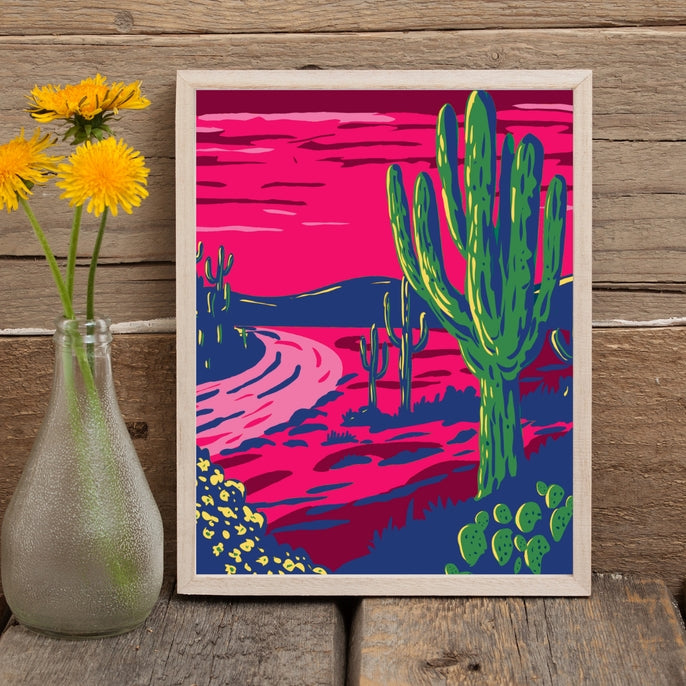 Saguaros At Sunset Whimsical Art Print