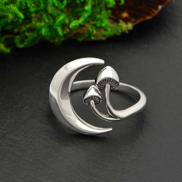 Adjustable Moon & Mushroom Ring - Recycled Sterling Silver