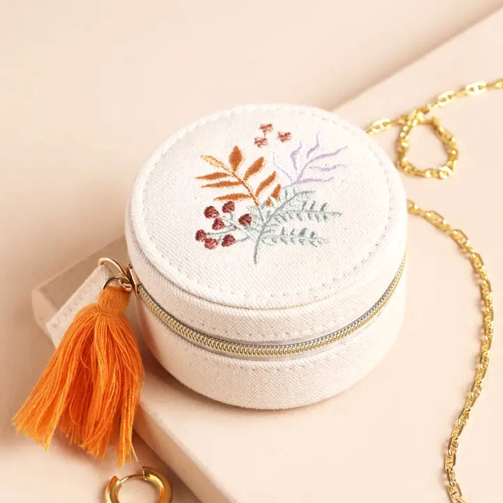 Embroidered Leaves Round Linen Jewelry Case