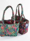 Reversible Puffy Tote Bag - Medium Green Painterly Vines