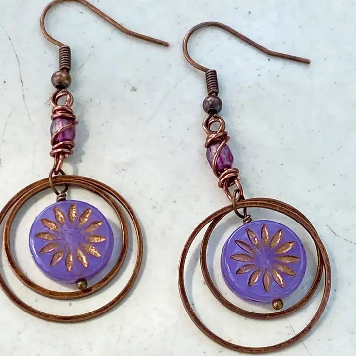 Purple Sun in Saturn Copper Hoop Earrings