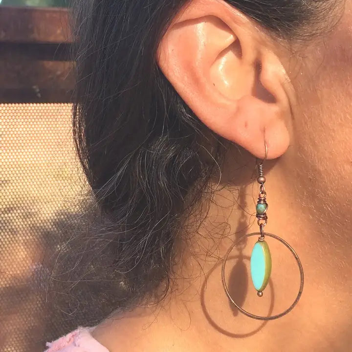 Turquoise Planet Copper Hoop Earrings